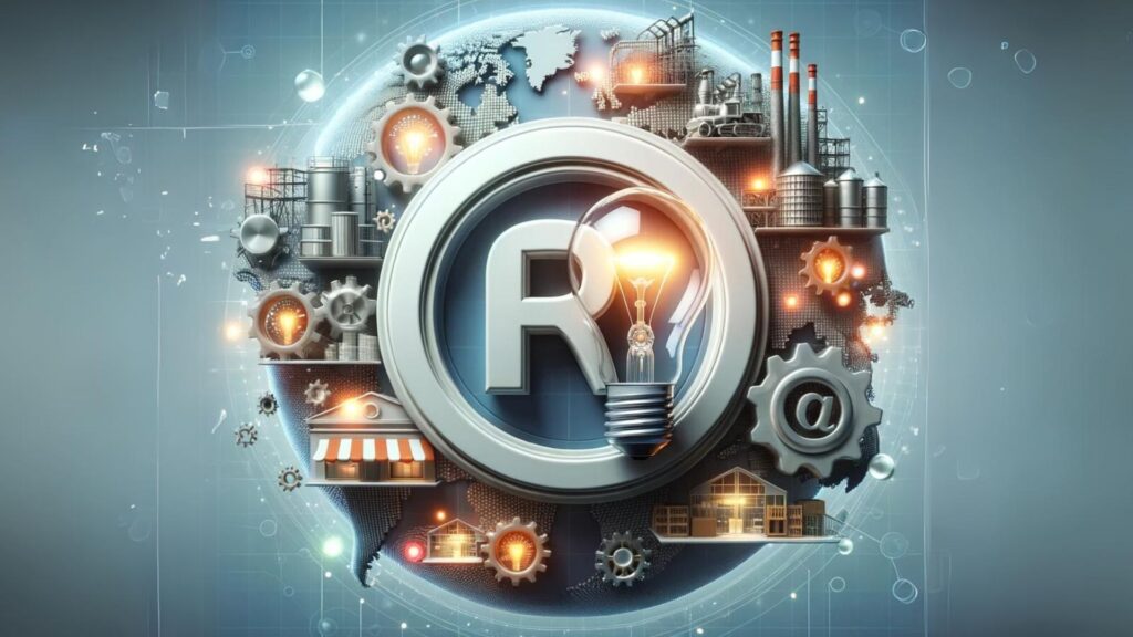 Imagem de 'marca e patente' com um 'R' maiúsculo simbolizando marca registrada ao lado de uma lâmpada representando inovação, circundados por ícones empresariais em um ambiente digital globalizado.