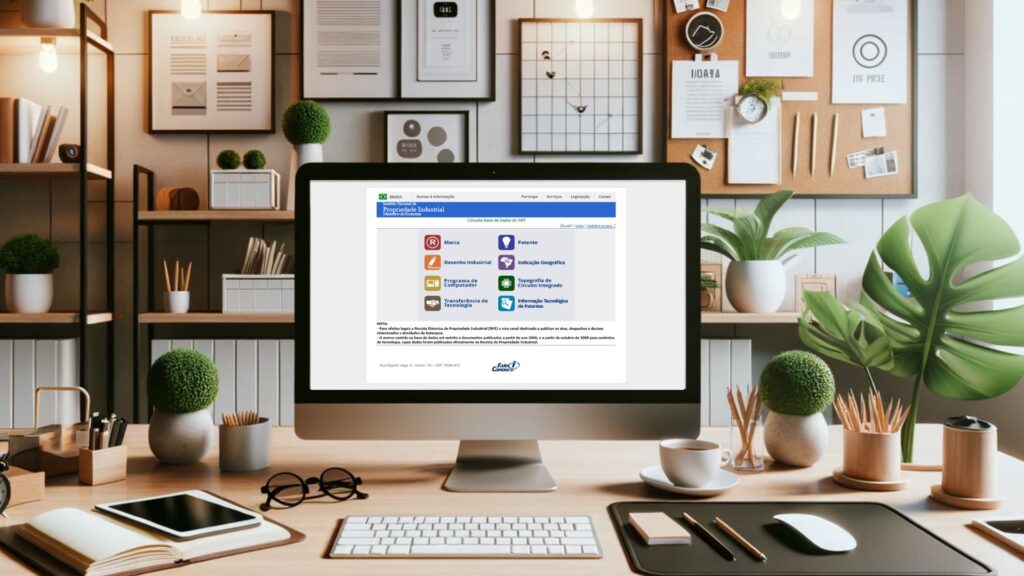 Escritório moderno com mesa organizada, computador exibindo a tela inicial do site do INPI, e acessórios de empreendedor ao redor.
