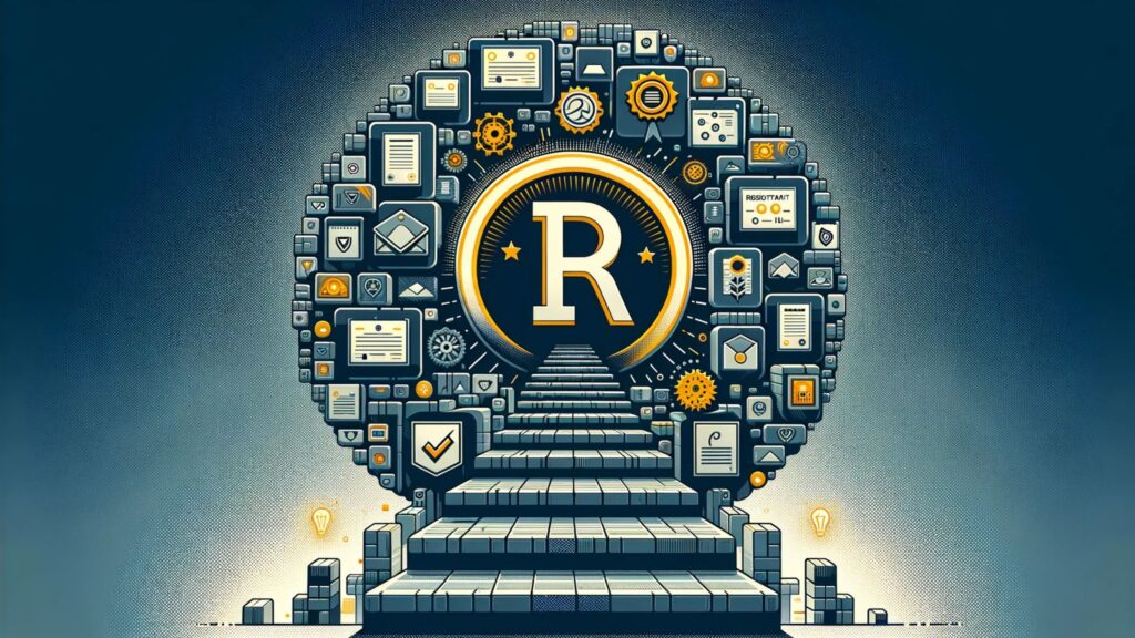 Gráfico estilizado ilustrando a jornada de registro de marca com símbolo 'R' e ícones de passos legais.